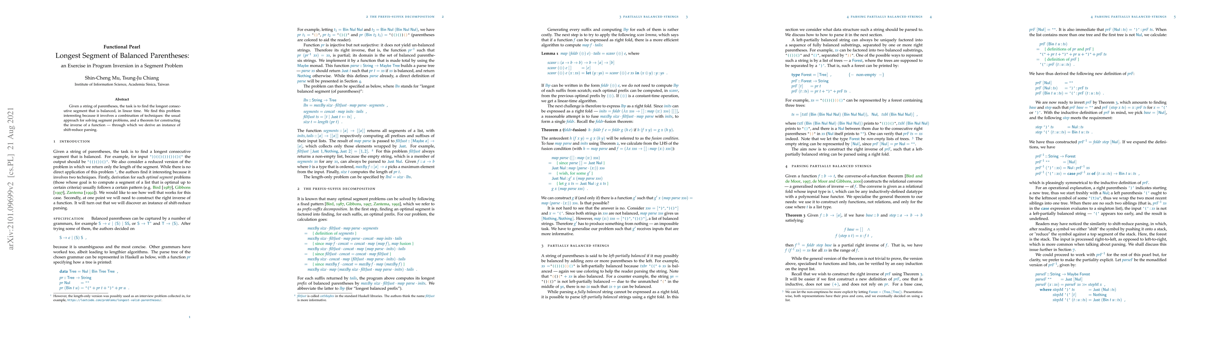 Thumbnail for Longest segment of balanced parentheses -- an exercise in program
  inversion in a segment problem (Functional Pearl)