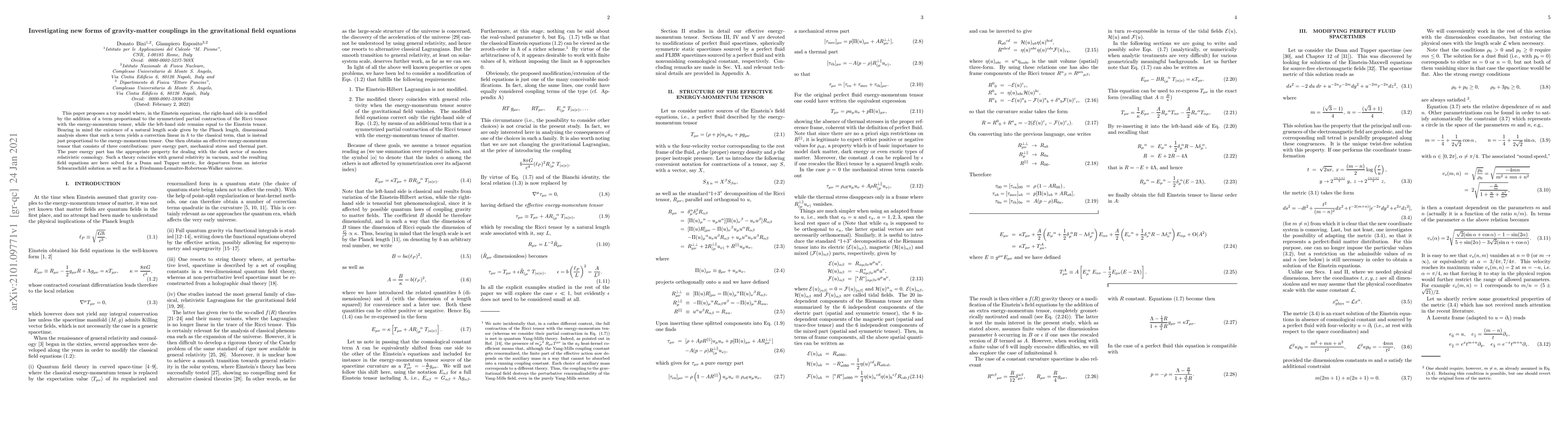 Thumbnail for Investigating new forms of gravity-matter couplings in the gravitational
  field equations