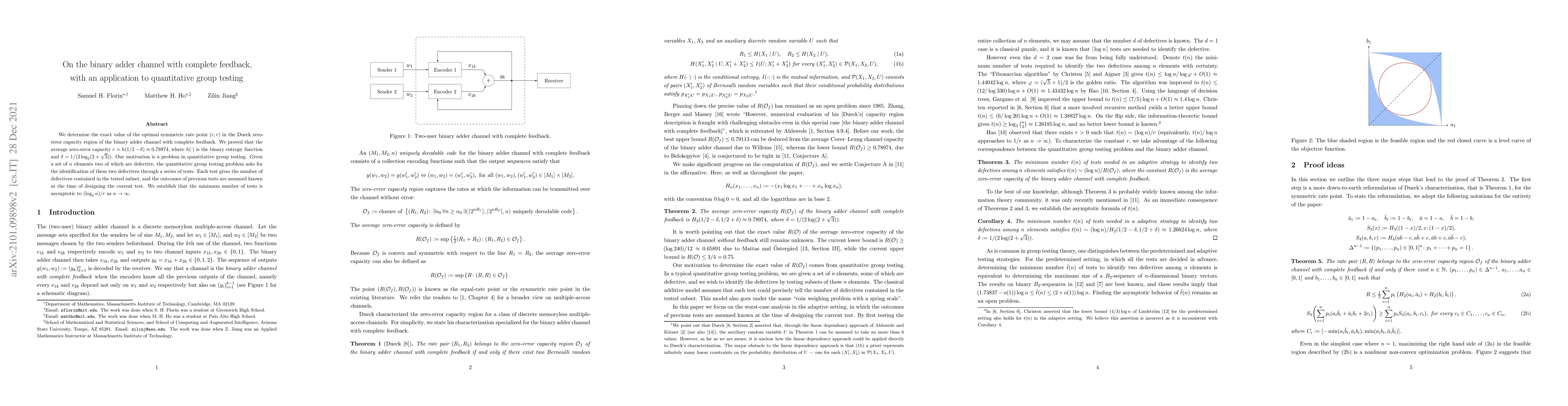 Thumbnail for On the binary adder channel with complete feedback, with an application
  to quantitative group testing