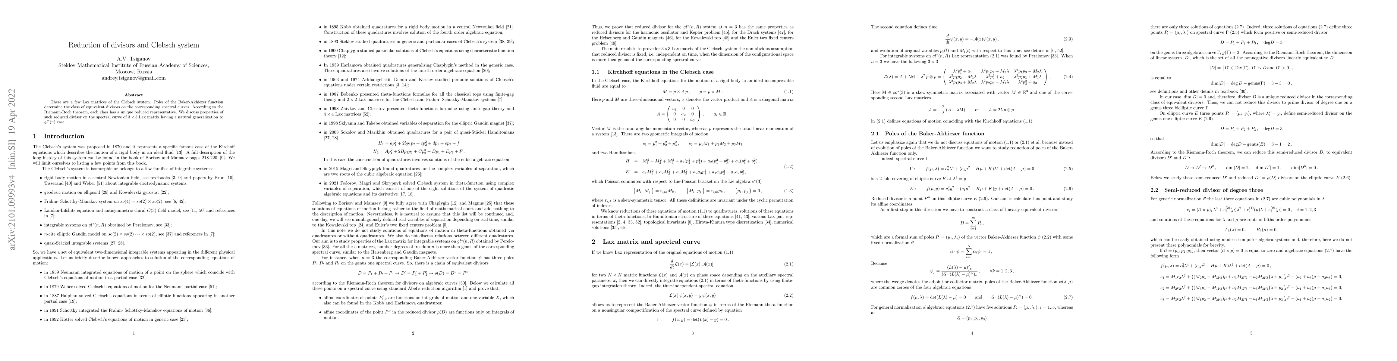 Thumbnail for Reduction of divisors and Clebsch system