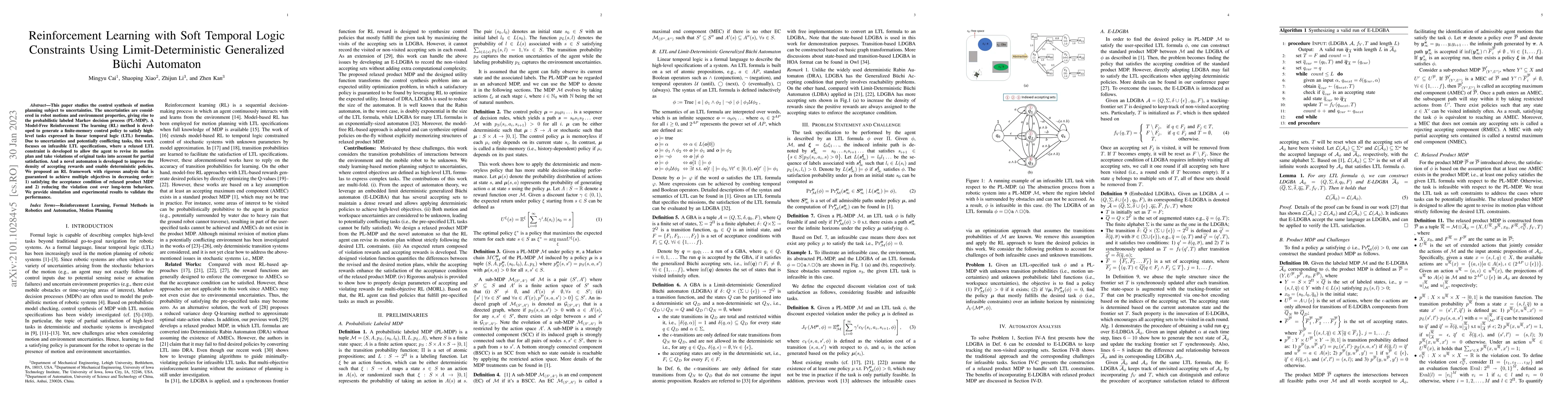 Thumbnail for Reinforcement Learning Based Temporal Logic Control with Soft
  Constraints Using Limit-deterministic Generalized Buchi Automata
