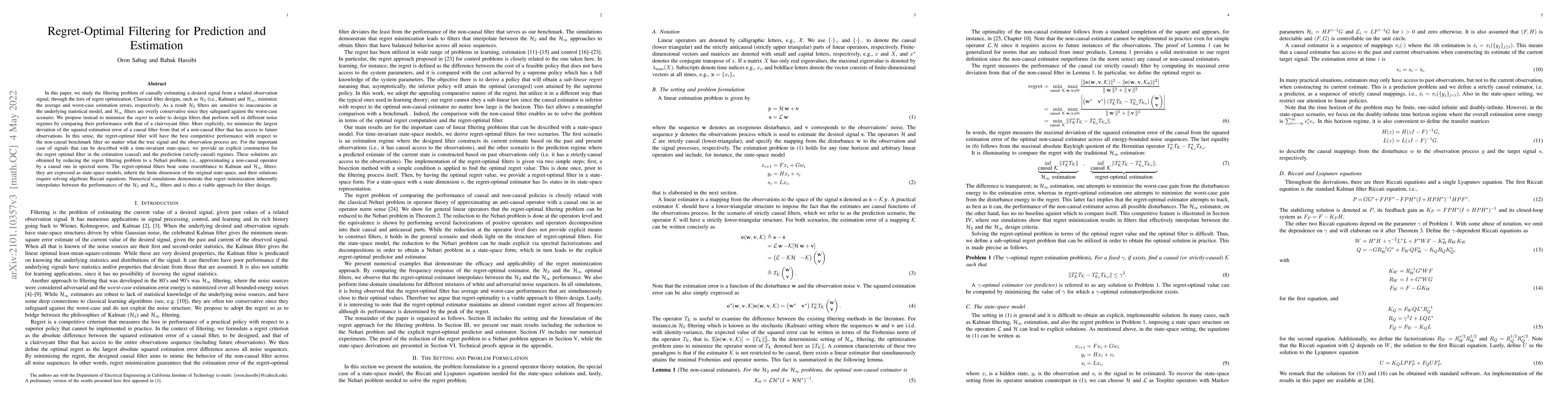 Thumbnail for Regret-Optimal Filtering for Prediction and Estimation