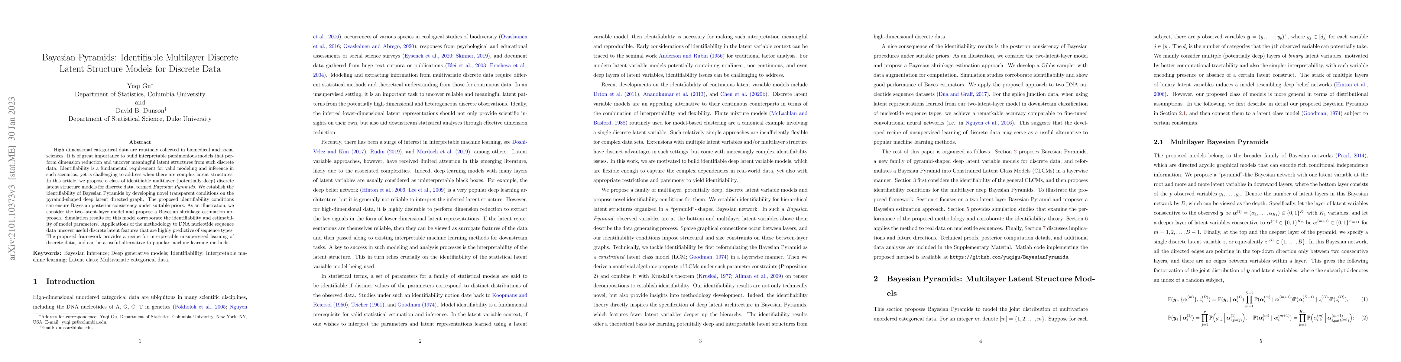 Thumbnail for Bayesian Pyramids: Identifiable Multilayer Discrete Latent Structure
  Models for Discrete Data