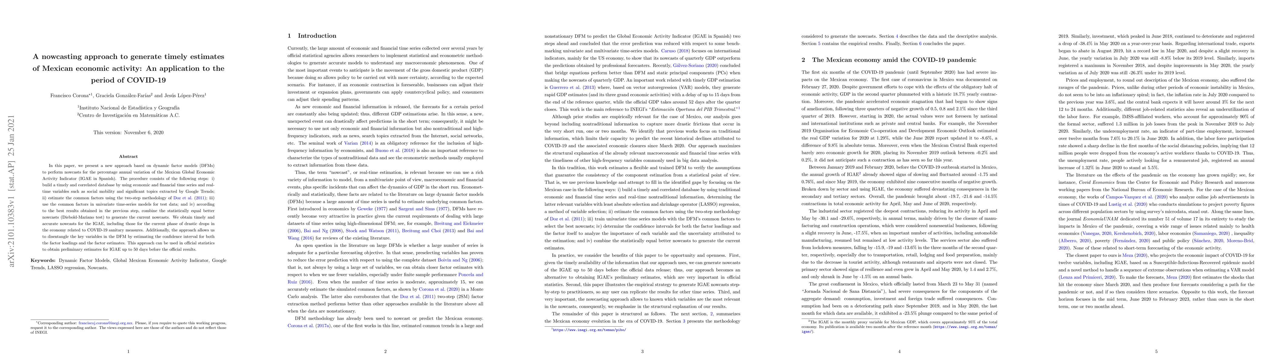 Thumbnail for A nowcasting approach to generate timely estimates of Mexican economic
  activity: An application to the period of COVID-19