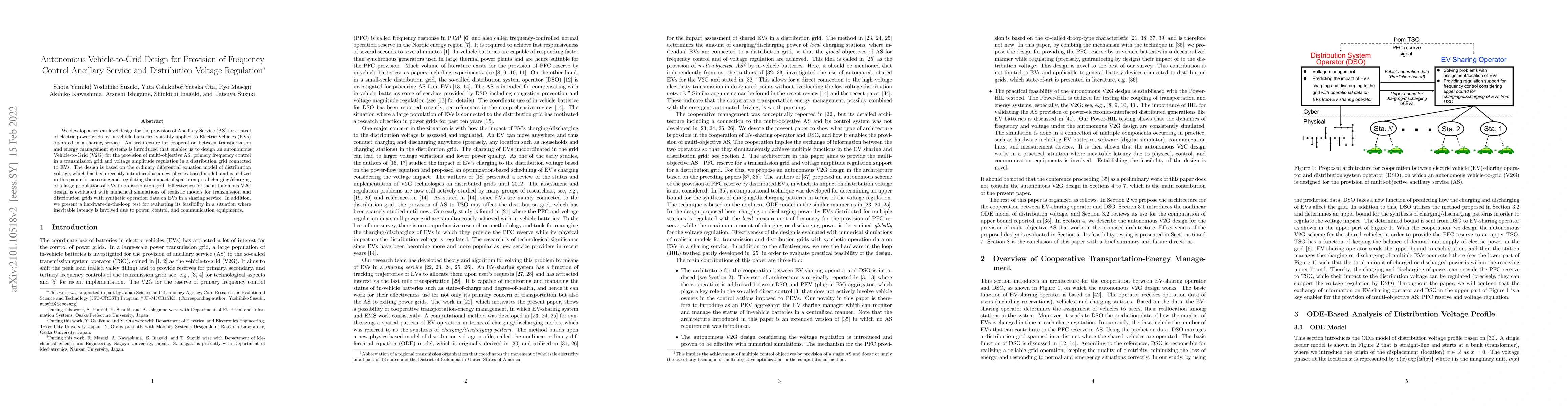 Thumbnail for Autonomous Vehicle-to-Grid Design for Provision of Frequency Control
  Ancillary Service and Distribution Voltage Regulation
