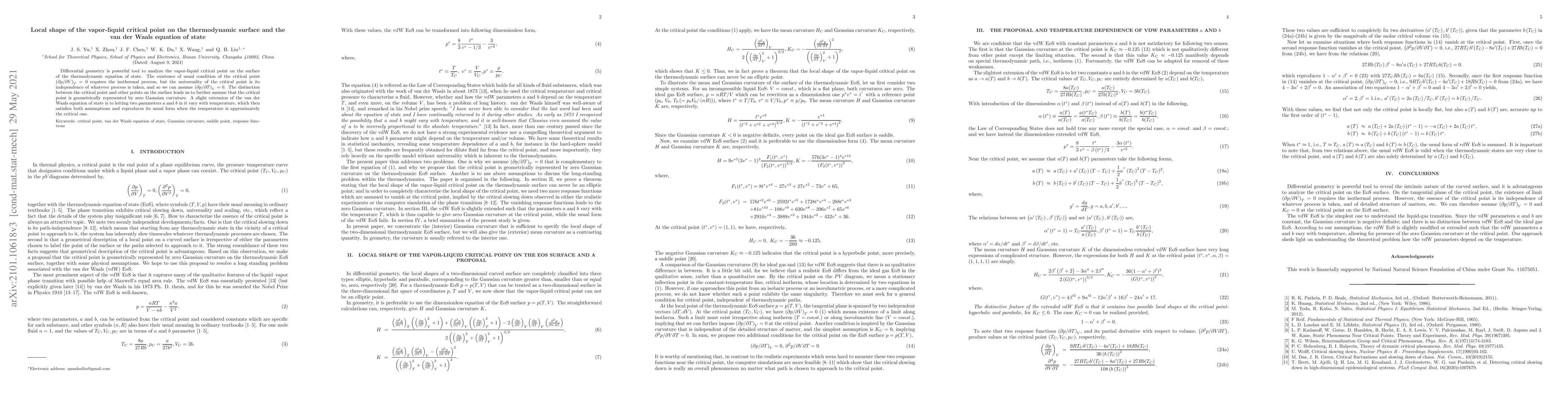 Thumbnail for Local shape of the vapor-liquid critical point on the thermodynamic
  surface and the van der Waals equation of state