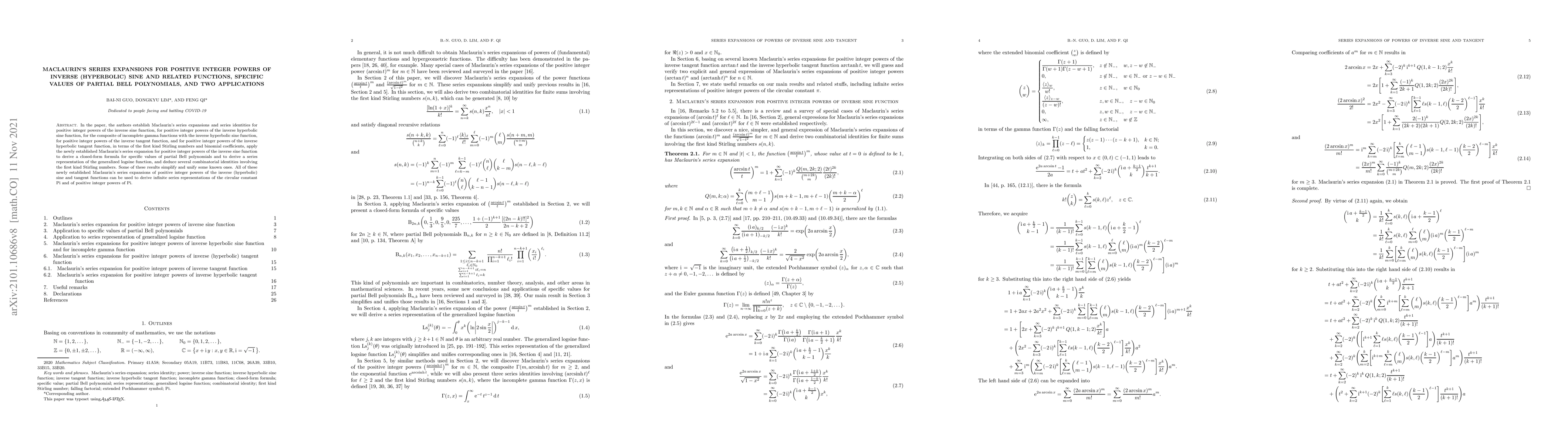 Thumbnail for Maclaurin's series expansions for positive integer powers of inverse
  (hyperbolic) sine and related functions, specific values of partial Bell
  polynomials, and two applications