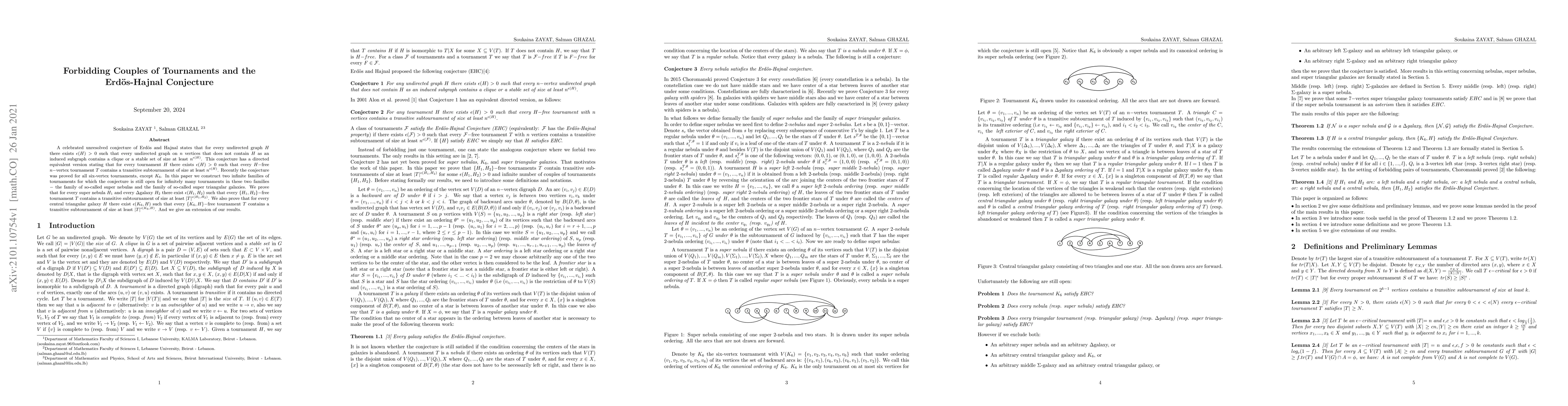 Thumbnail for Forbidding Couples of Tournaments and the Erd\"{o}s-Hajnal Conjecture