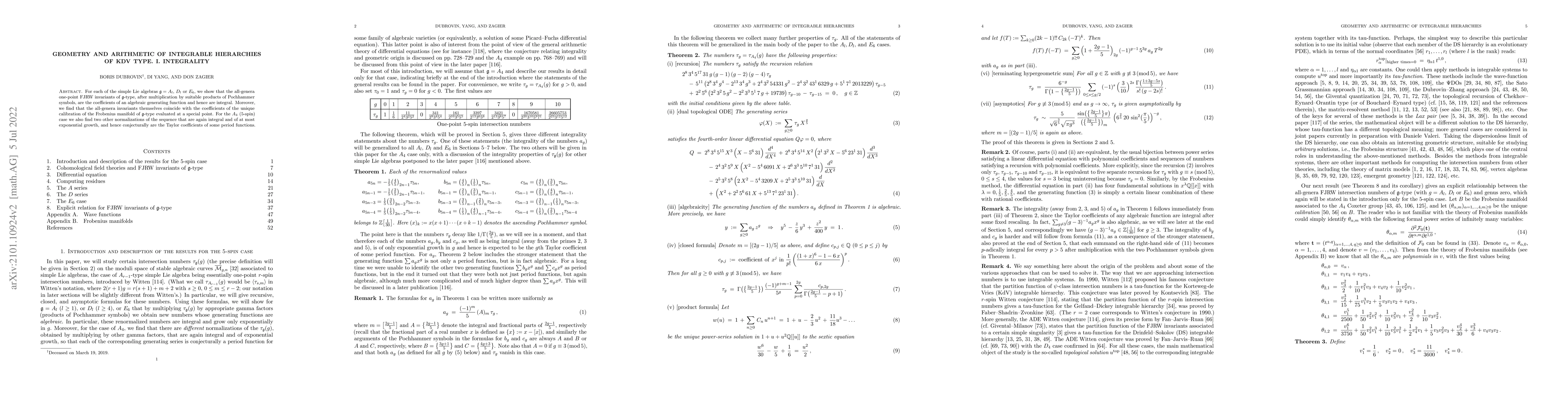 Thumbnail for Geometry and arithmetic of integrable hierarchies of KdV type. I.
  Integrality