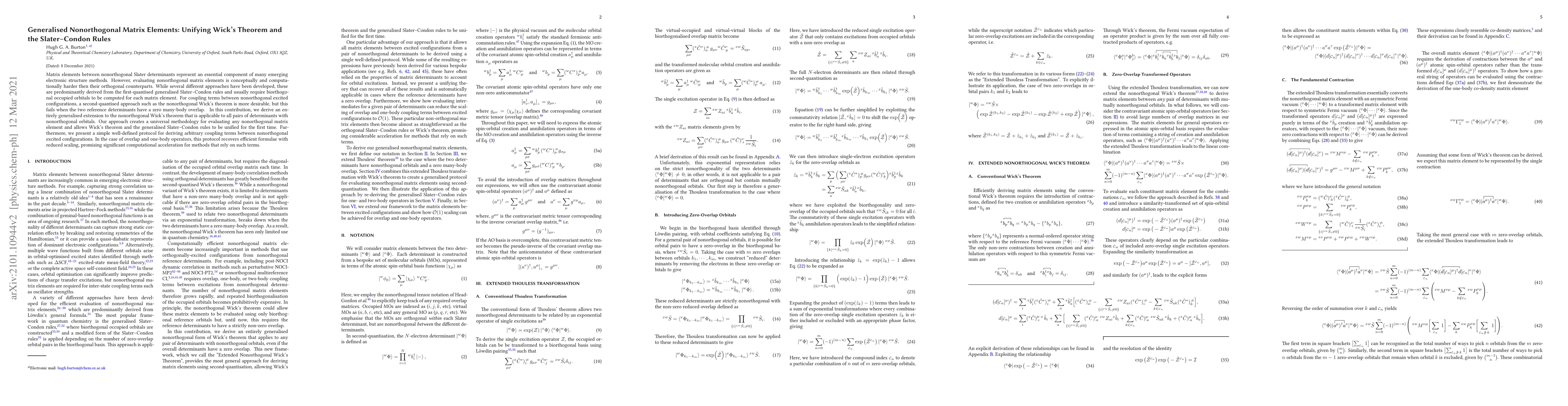 Thumbnail for Generalised Nonorthogonal Matrix Elements: Unifying Wick's Theorem and
  the Slater-Condon Rules