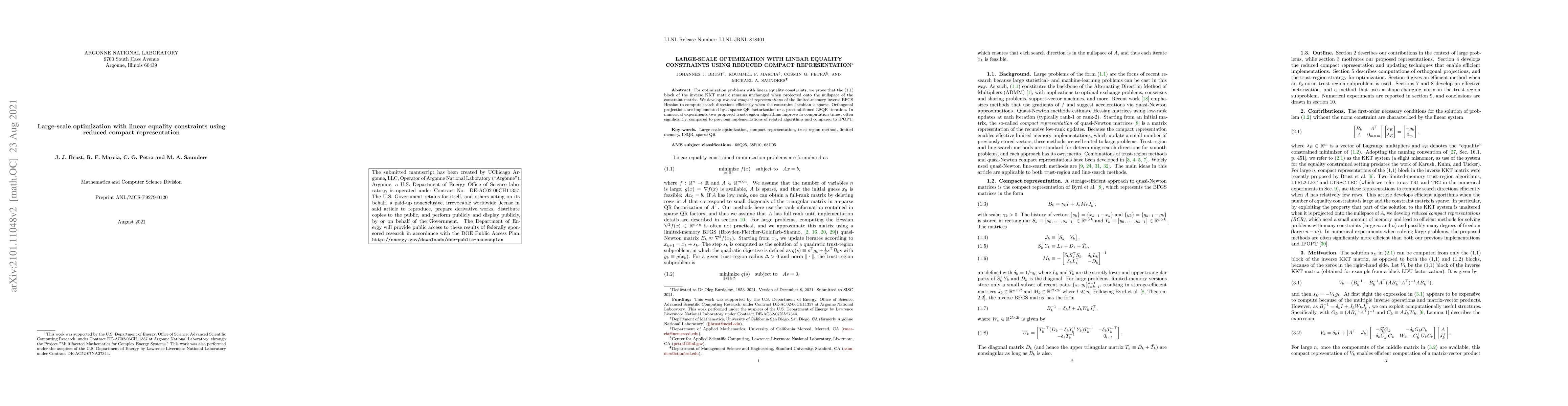 Thumbnail for Large-scale Optimization with Linear Equality Constraints using Reduced
  Compact Representation