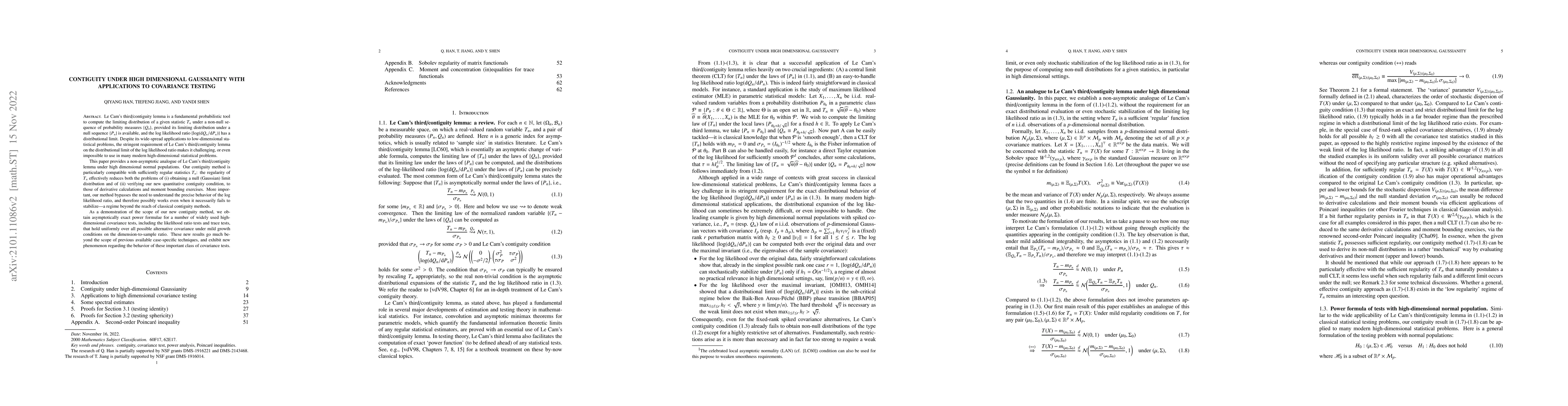 Thumbnail for Contiguity under high dimensional Gaussianity with applications to
  covariance testing
