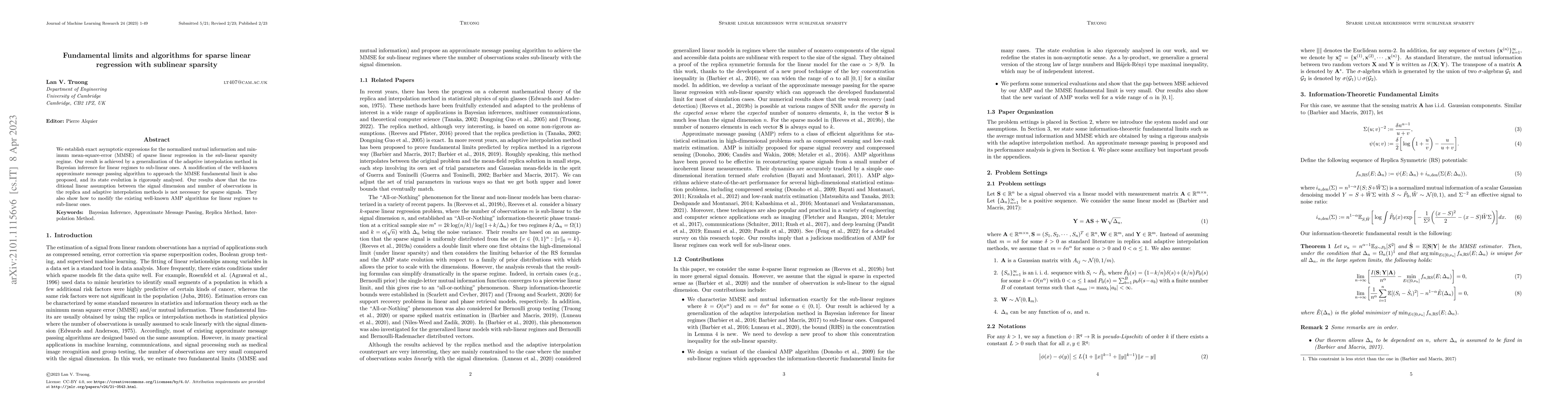 Thumbnail for Fundamental limits and algorithms for sparse linear regression with
  sublinear sparsity