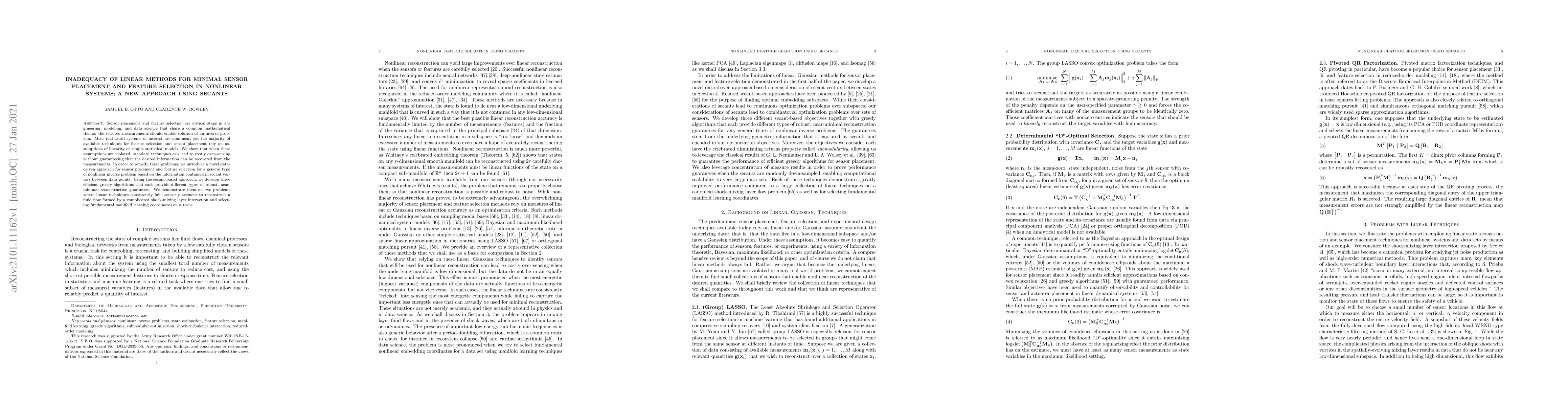 Thumbnail for Inadequacy of Linear Methods for Minimal Sensor Placement and Feature
  Selection in Nonlinear Systems; a New Approach Using Secants