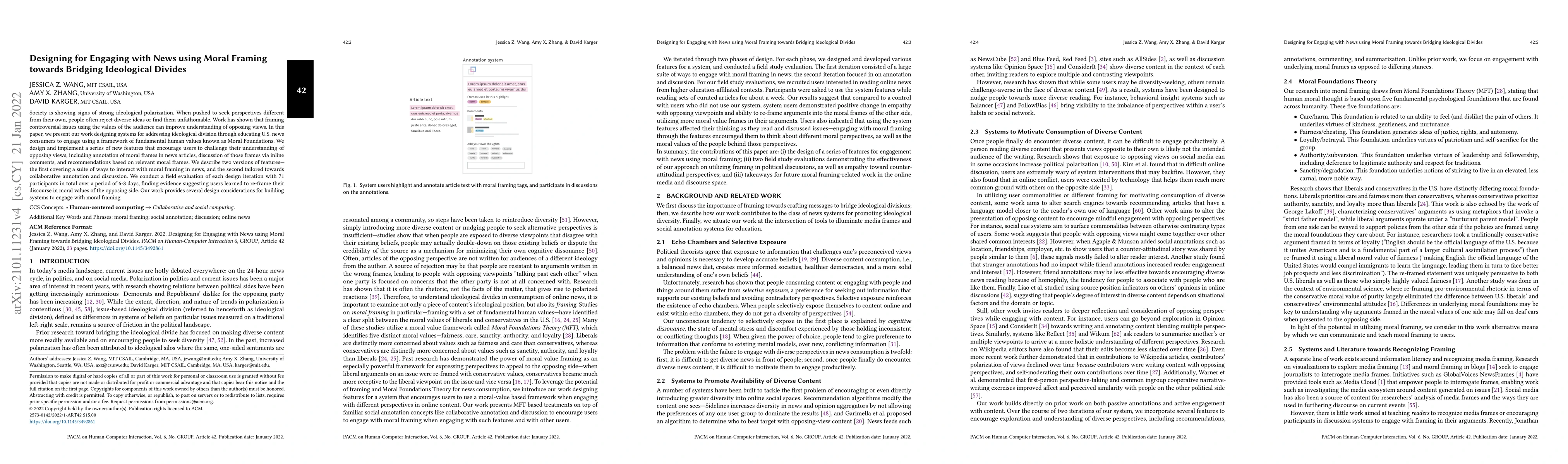 Thumbnail for Designing for Engaging with News using Moral Framing towards Bridging
  Ideological Divides