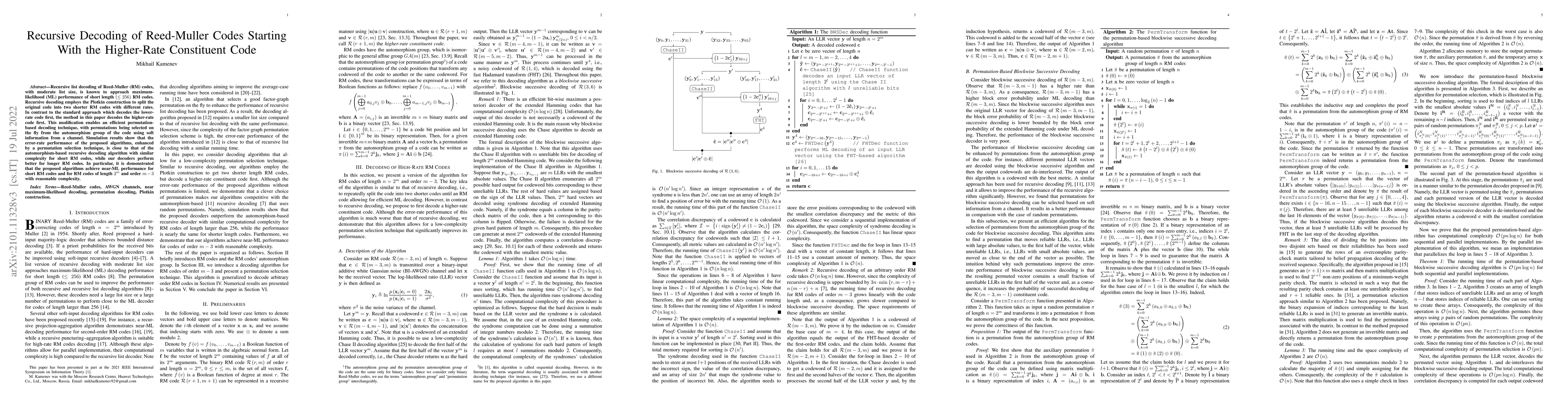 Thumbnail for Recursive Decoding of Reed-Muller Codes Starting With the Higher-Rate
  Constituent Code