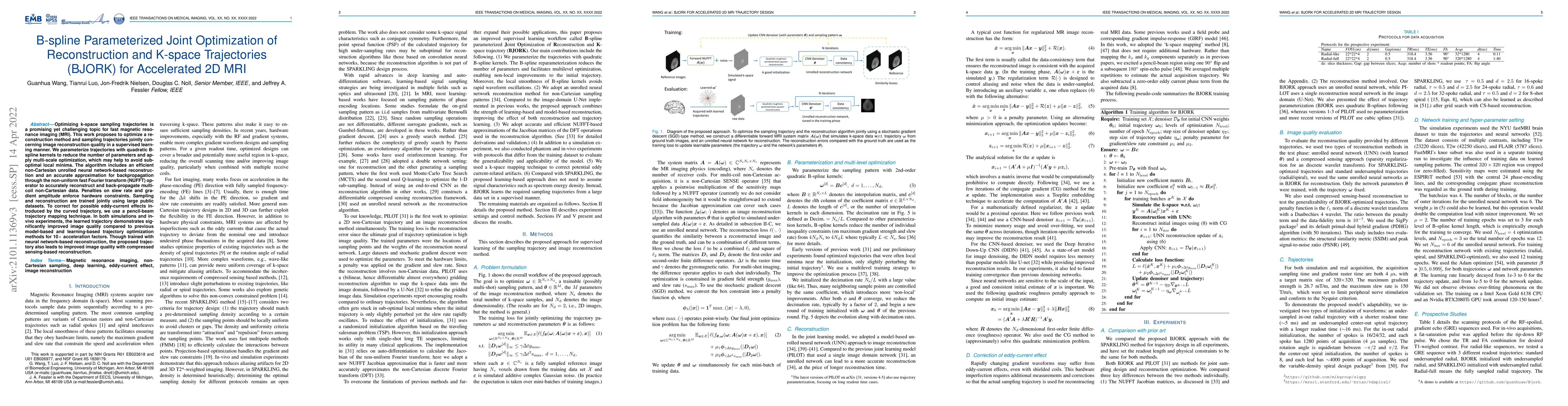 Thumbnail for B-spline Parameterized Joint Optimization of Reconstruction and K-space
  Trajectories (BJORK) for Accelerated 2D MRI