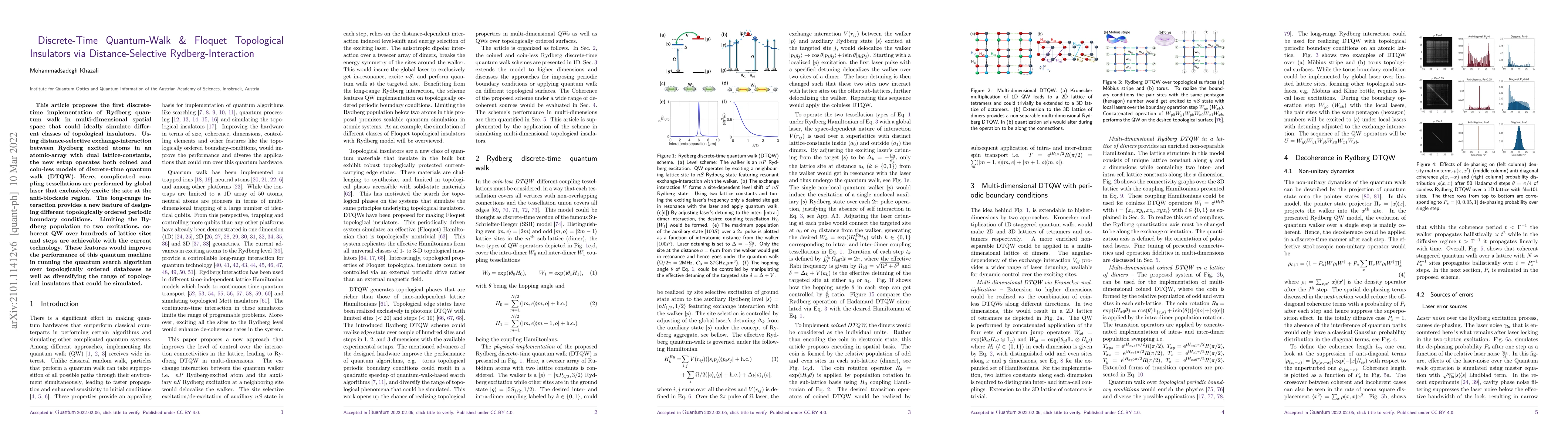 Thumbnail for Discrete-Time Quantum-Walk & Floquet Topological Insulators via
  Distance-Selective Rydberg-Interaction