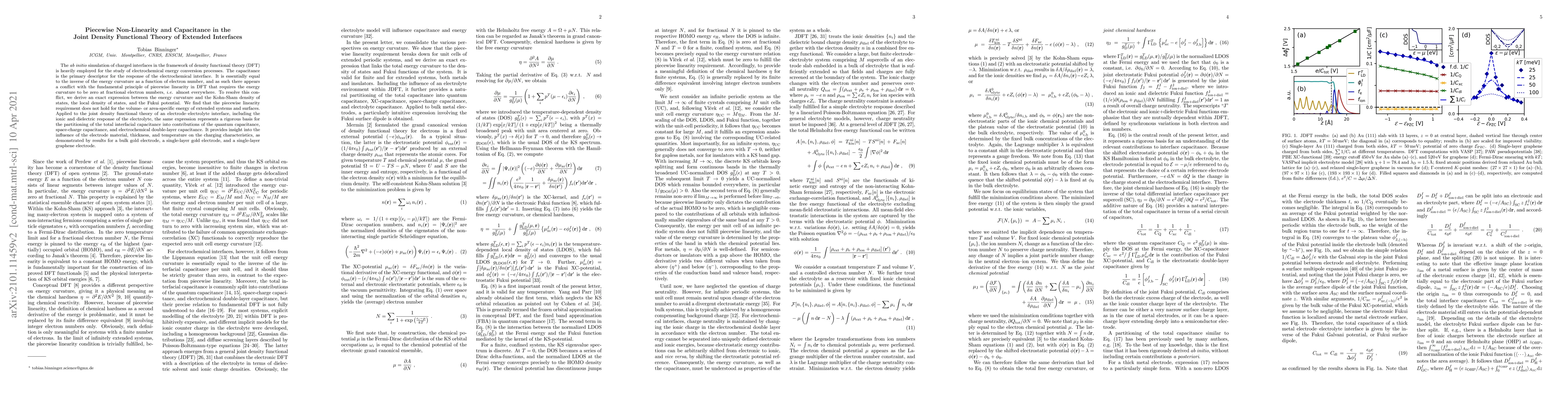 Thumbnail for Piecewise Non-Linearity and Capacitance in the Joint Density Functional
  Theory of Extended Interfaces