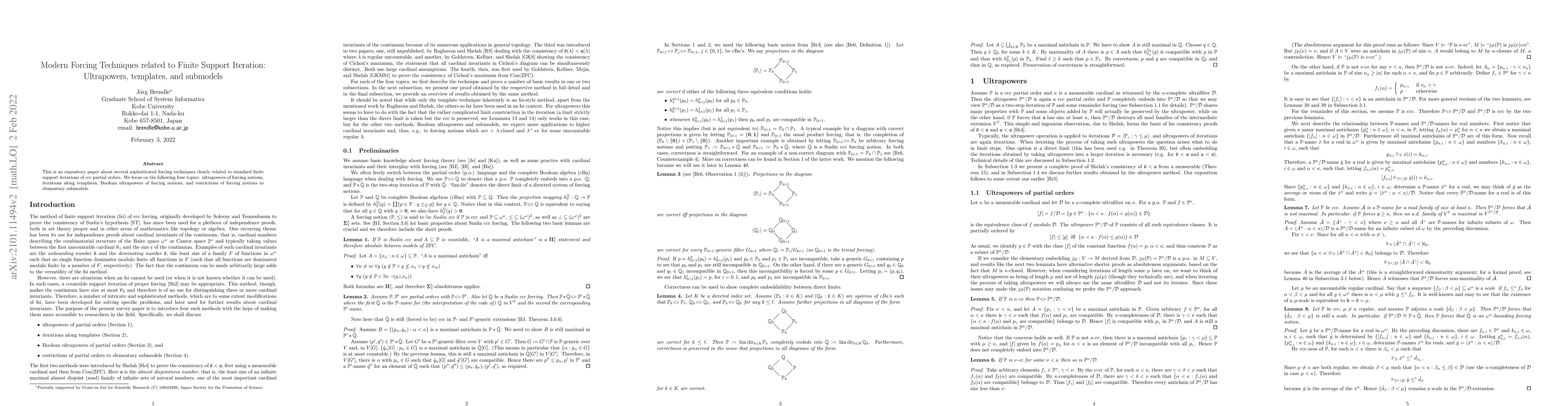 Thumbnail for Modern Forcing Techniques related to Finite Support Iteration:
  Ultrapowers, templates, and submodels