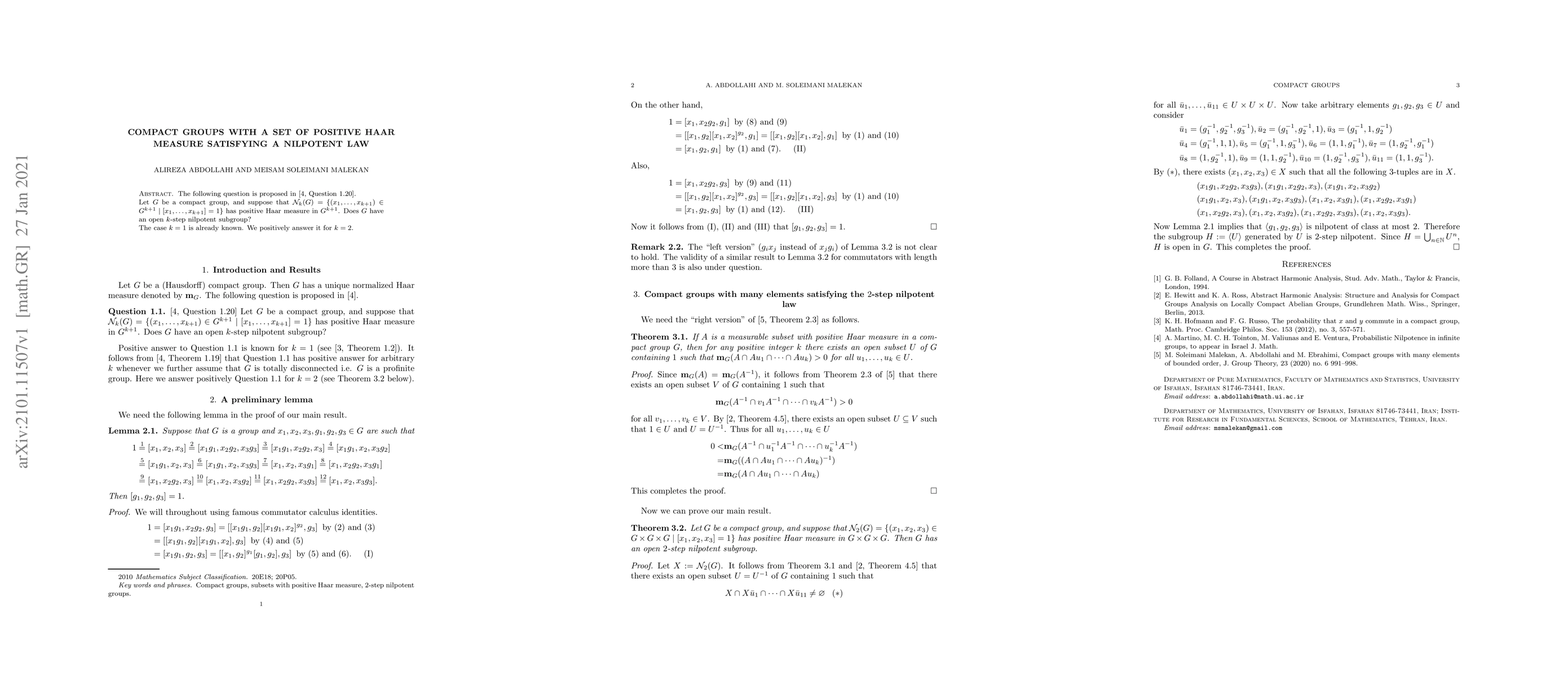 Thumbnail for Compact groups with a set of positive Haar measure satisfying a
  nilpotent law