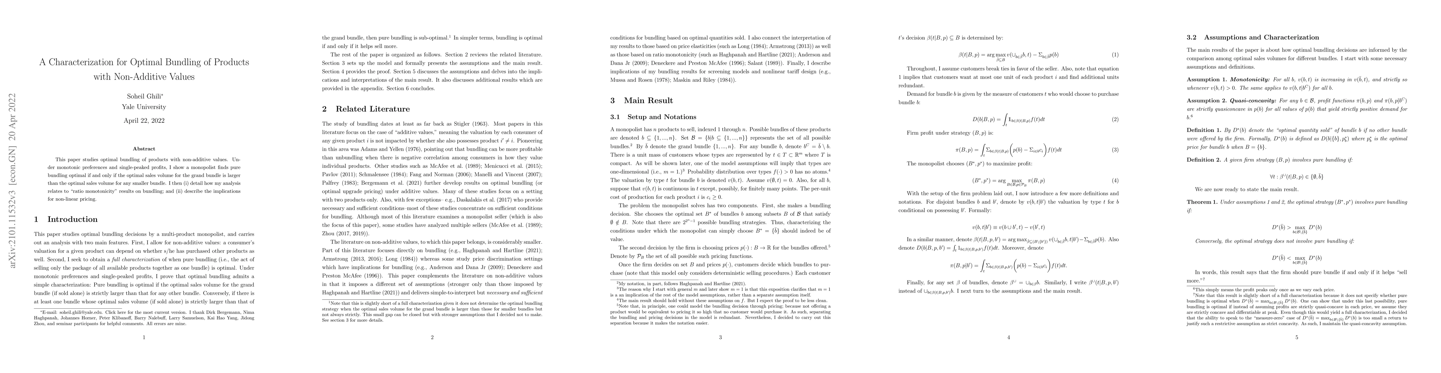 Thumbnail for A Characterization for Optimal Bundling of Products with Non-Additive
  Values