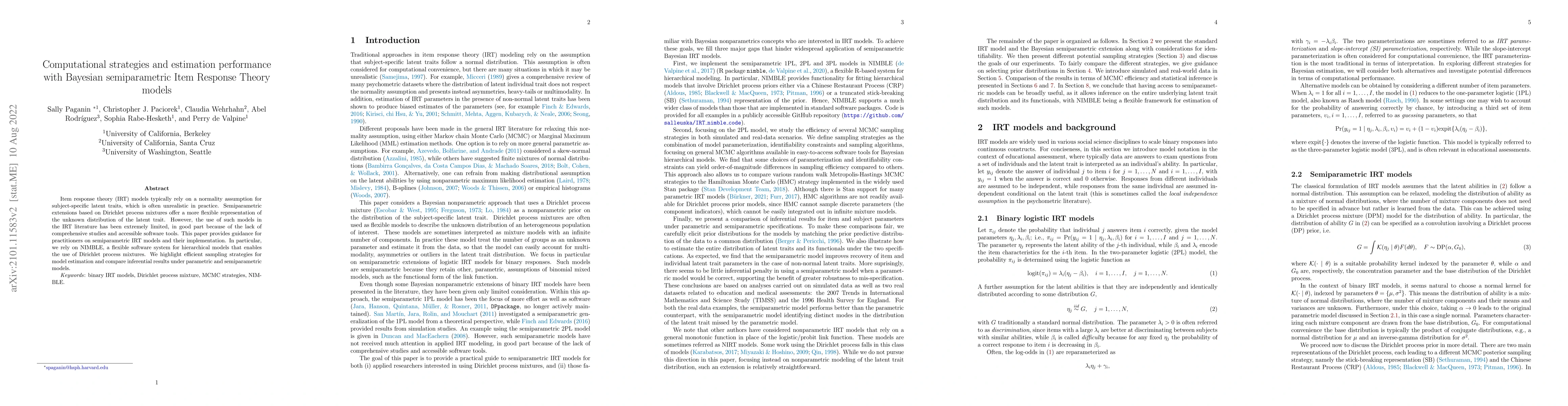Thumbnail for Computational strategies and estimation performance with Bayesian
  semiparametric Item Response Theory models
