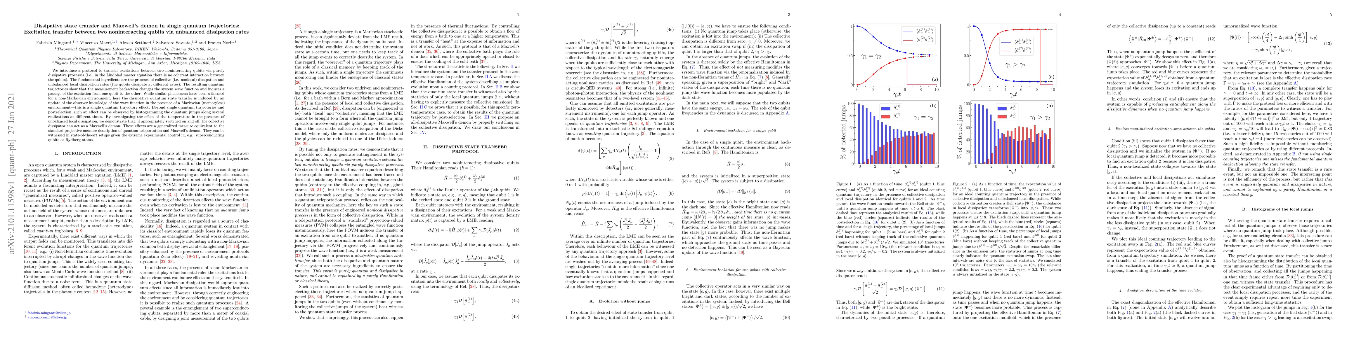 Thumbnail for Dissipative state transfer and Maxwell's demon in single quantum
  trajectories: Excitation transfer between two noninteracting qubits via
  unbalanced dissipation rates