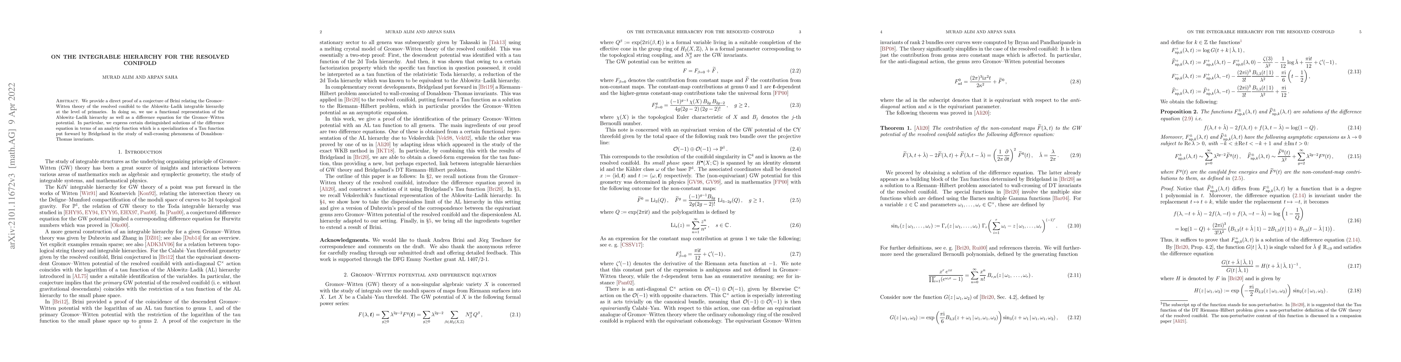 Thumbnail for On the integrable hierarchy for the resolved conifold
