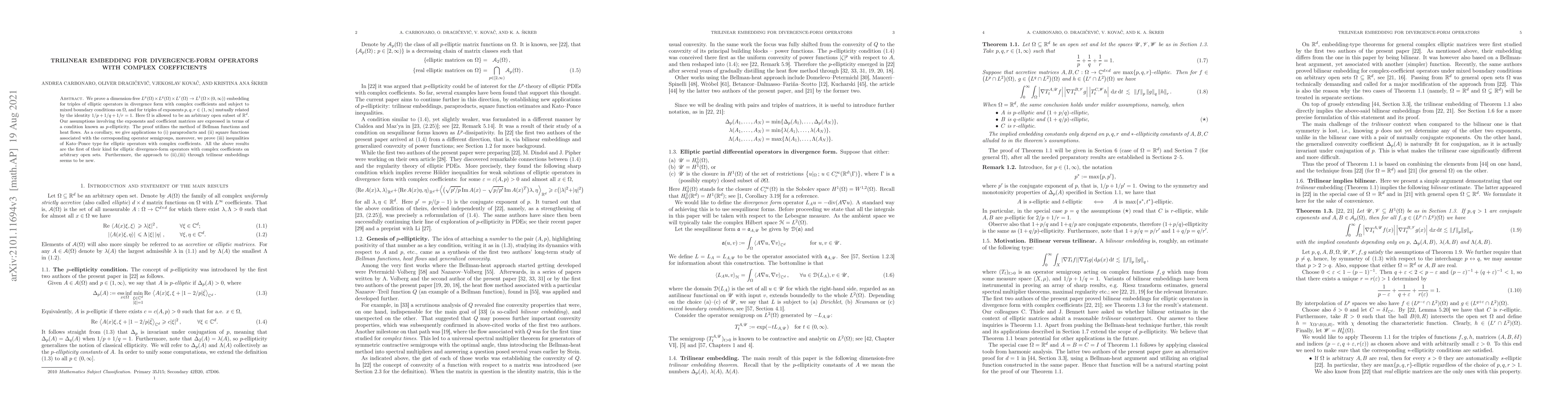 Thumbnail for Trilinear embedding for divergence-form operators with complex
  coefficients