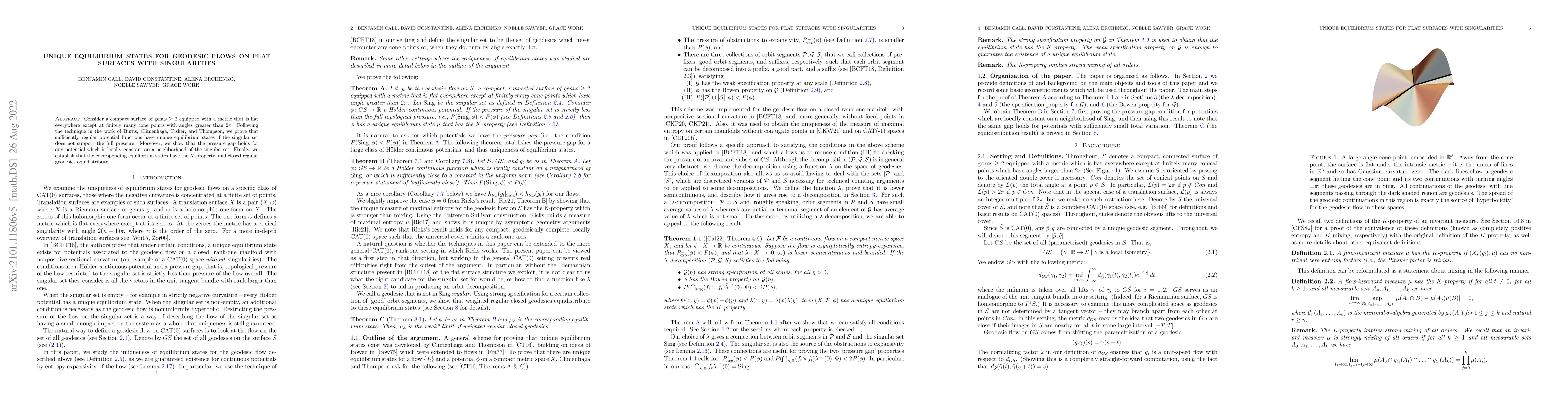 Thumbnail for Unique equilibrium states for geodesic flows on flat surfaces with
  singularities