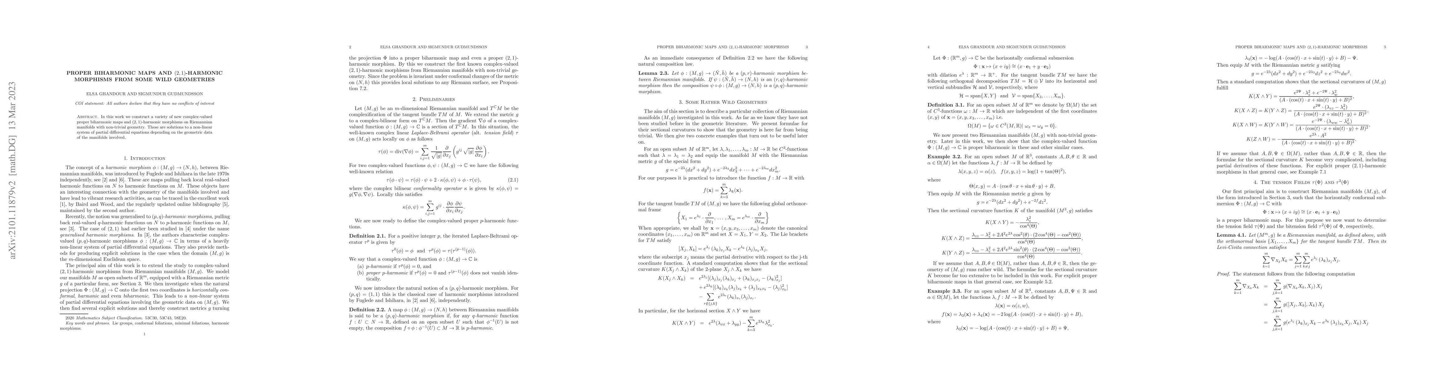 Thumbnail for Proper biharmonic maps and $(2,1)$-harmonic morphisms from some wild
  geometries
