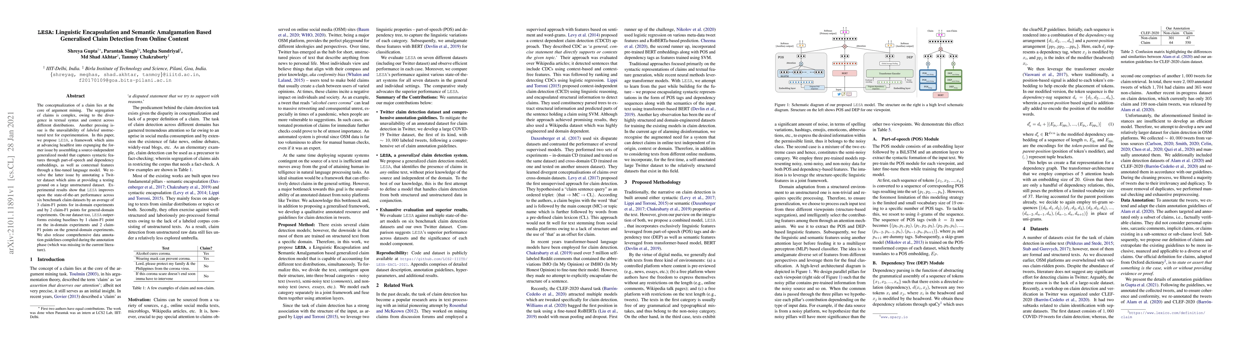 Thumbnail for LESA: Linguistic Encapsulation and Semantic Amalgamation Based
  Generalised Claim Detection from Online Content