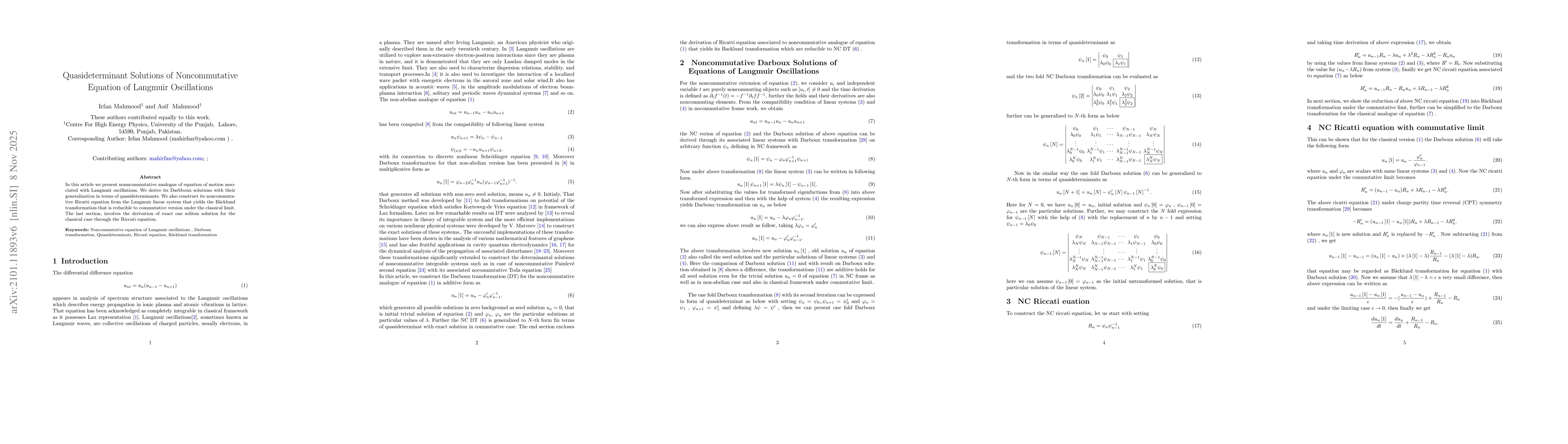 Thumbnail for Quasideterminant Darboux solutions of Noncommutative Equations of
  Langmuir Oscillations
