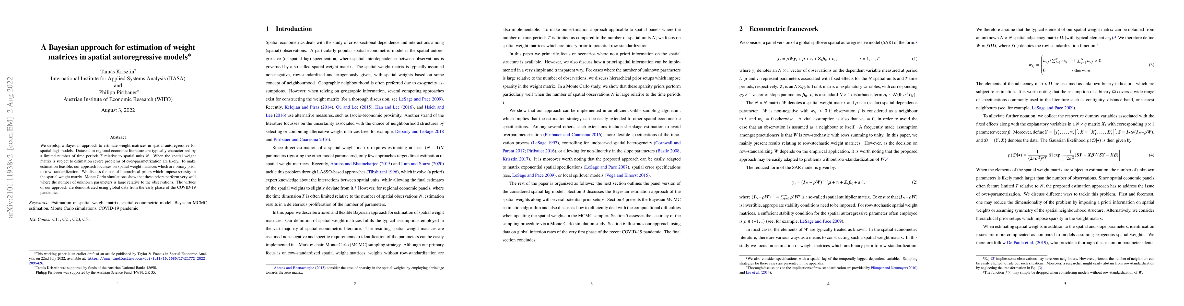 Thumbnail for A Bayesian approach for estimation of weight matrices in spatial
  autoregressive models