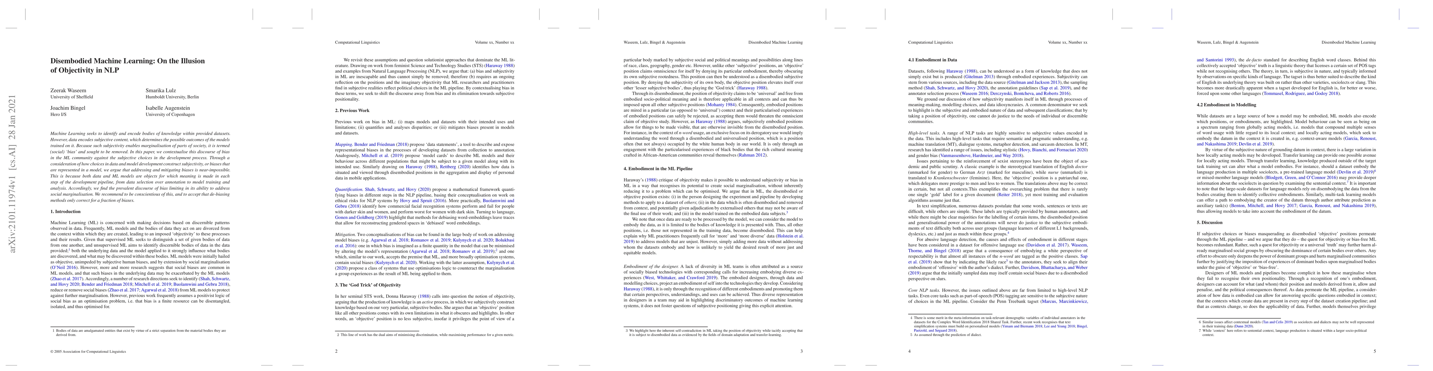 Thumbnail for Disembodied Machine Learning: On the Illusion of Objectivity in NLP