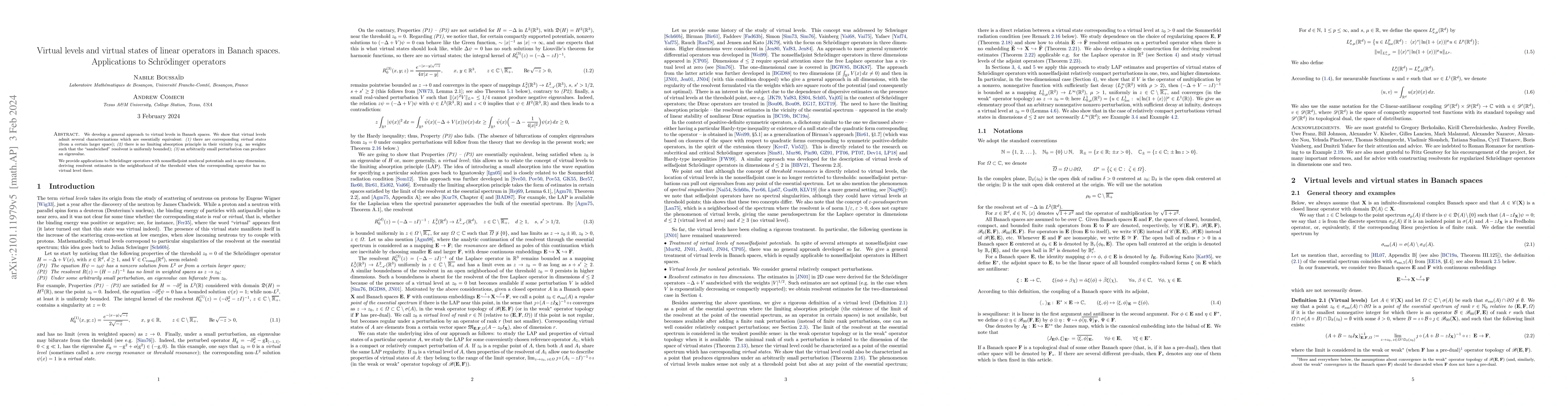 Thumbnail for Virtual levels and virtual states of linear operators in Banach spaces.
  Applications to Schroedinger operators