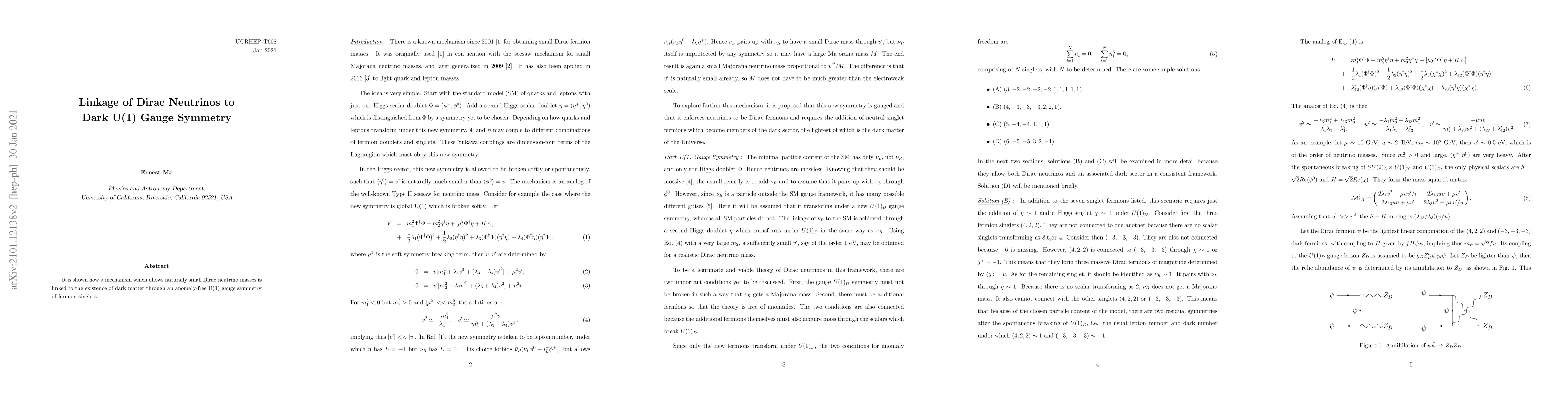 Thumbnail for Linkage of Dirac Neutrinos to Dark U(1) Gauge Symmetry