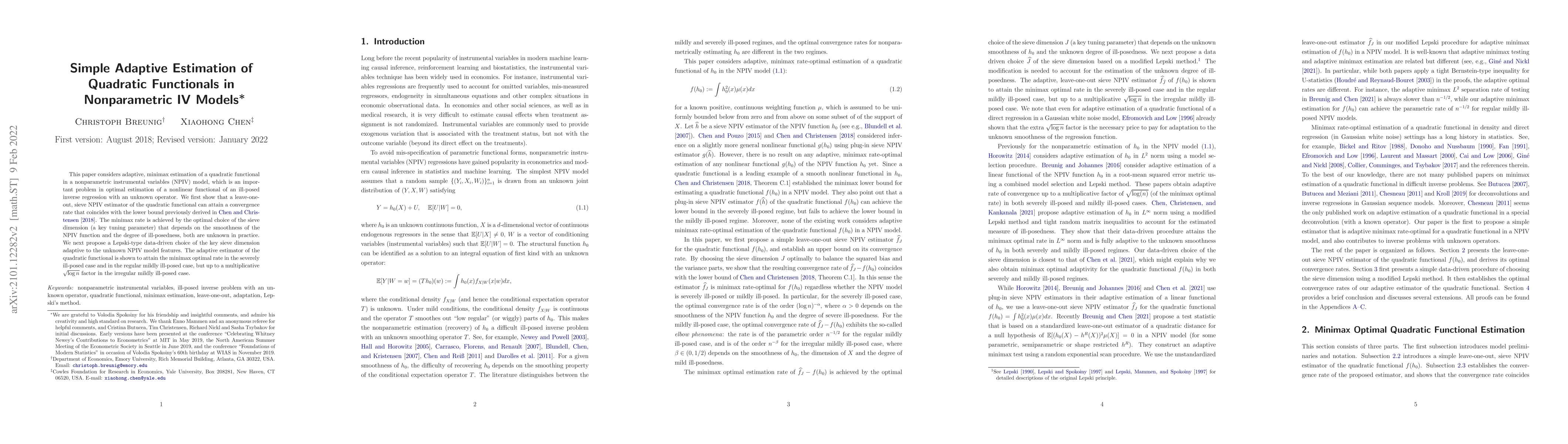 Thumbnail for Simple Adaptive Estimation of Quadratic Functionals in Nonparametric IV
  Models