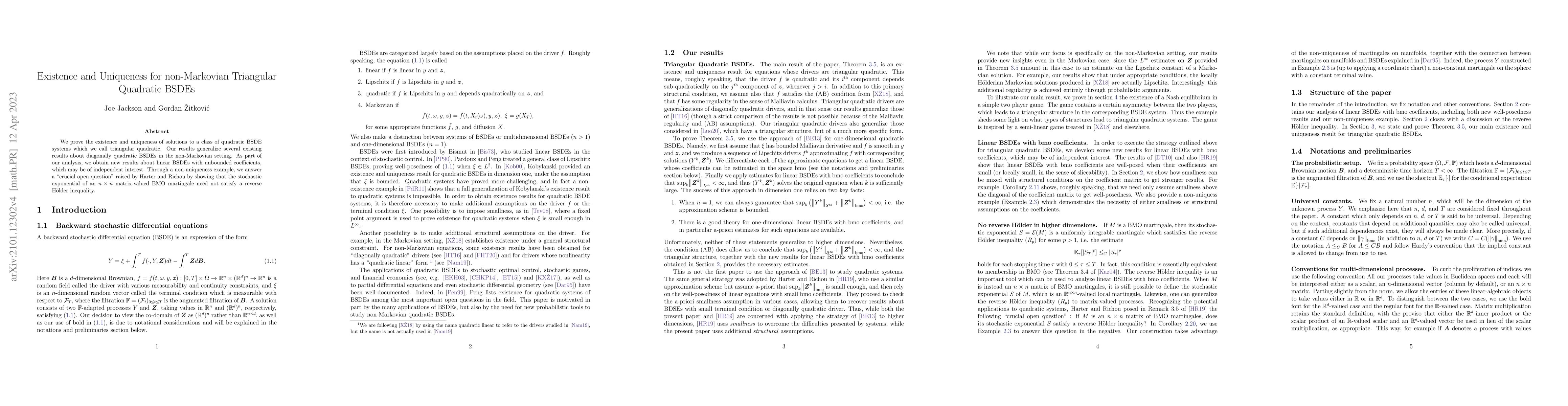 Thumbnail for Existence and uniqueness for non-Markovian triangular quadratic BSDEs