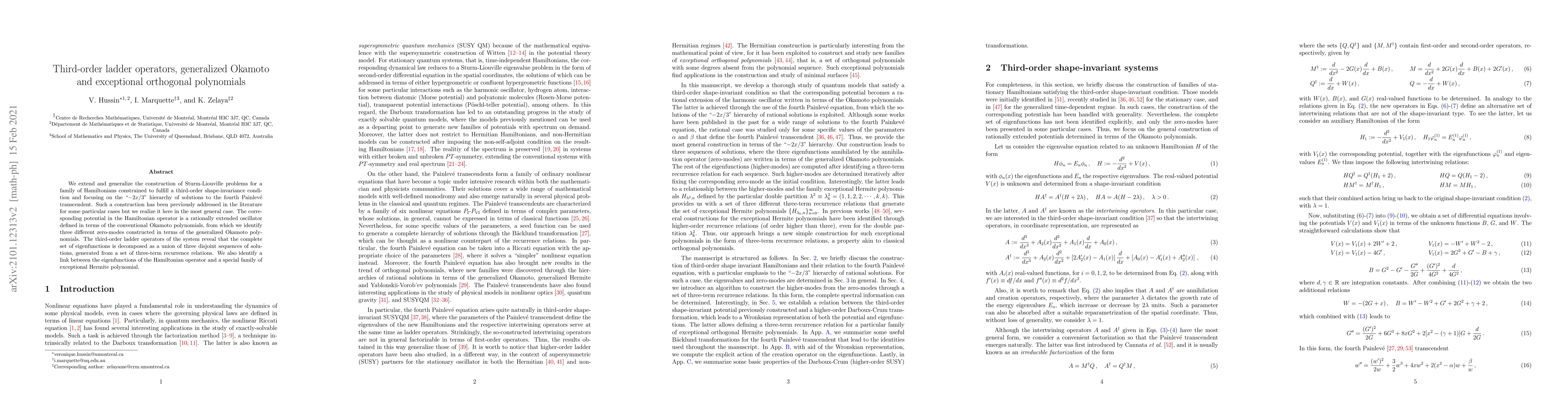 Thumbnail for Third-order ladder operators, generalized Okamoto and exceptional
  orthogonal polynomials