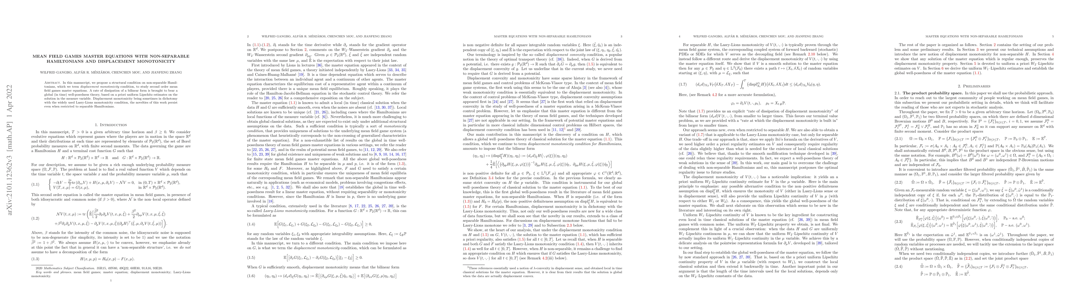 Thumbnail for Mean Field Games Master Equations with Non-separable Hamiltonians and
  Displacement Monotonicity