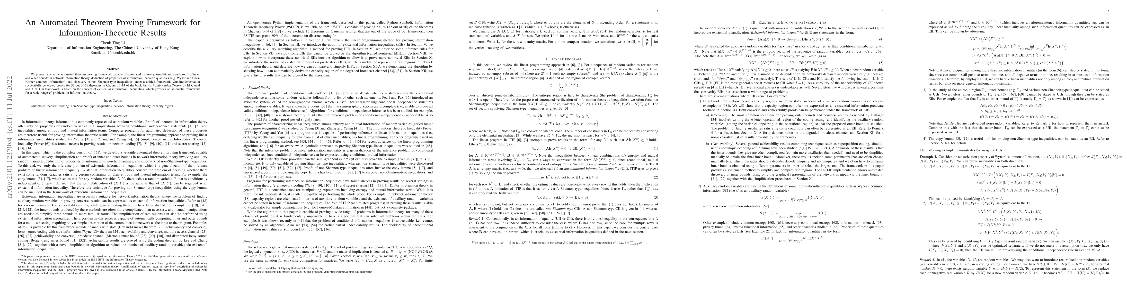 Thumbnail for An Automated Theorem Proving Framework for Information-Theoretic Results