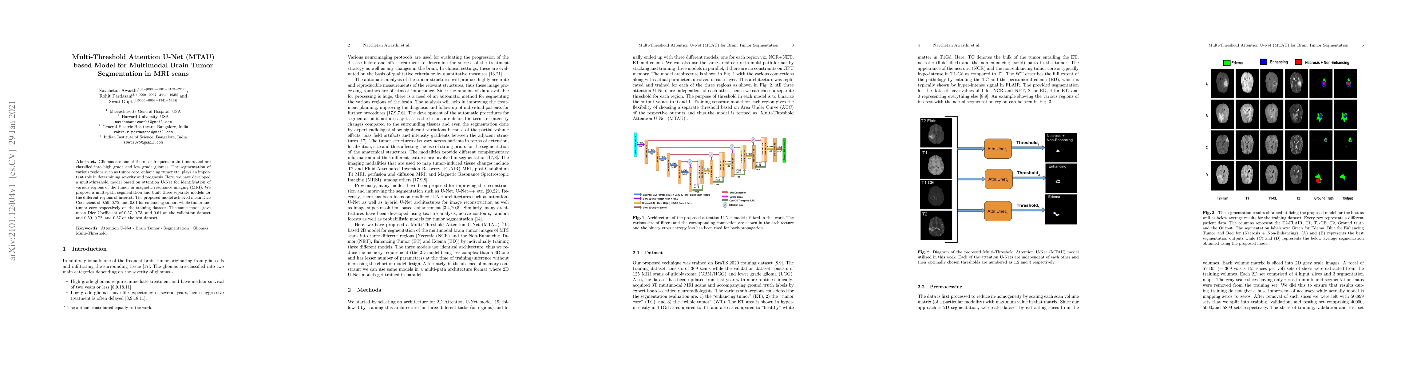 Thumbnail for Multi-Threshold Attention U-Net (MTAU) based Model for Multimodal Brain
  Tumor Segmentation in MRI scans