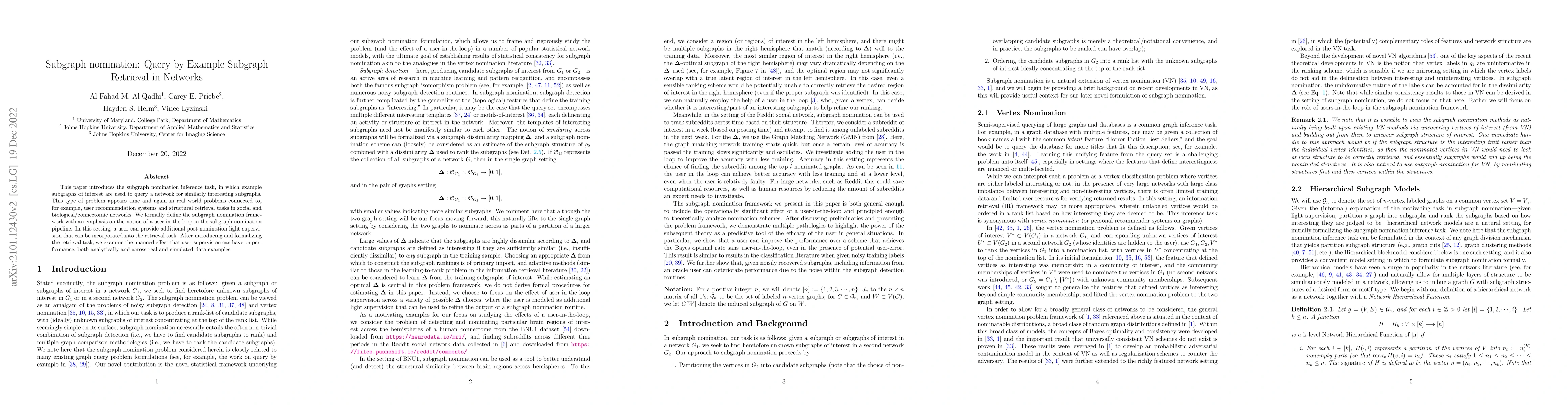 Thumbnail for Subgraph nomination: Query by Example Subgraph Retrieval in Networks
