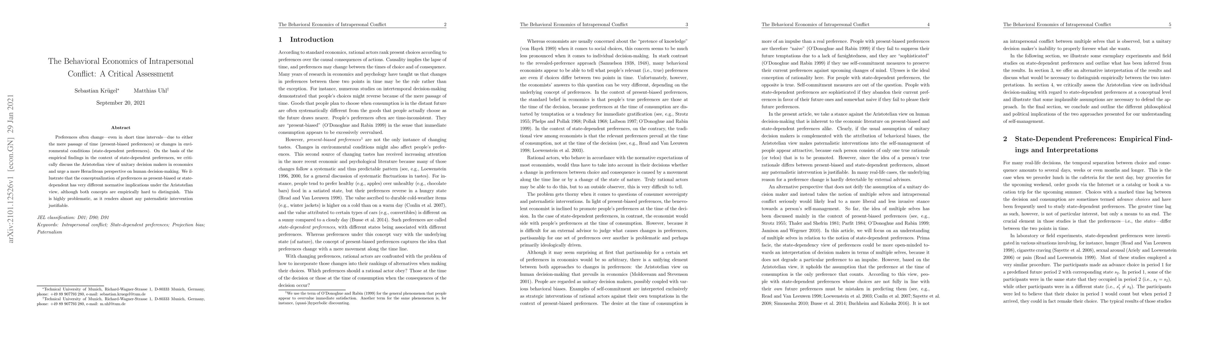 Thumbnail for The Behavioral Economics of Intrapersonal Conflict: A Critical
  Assessment