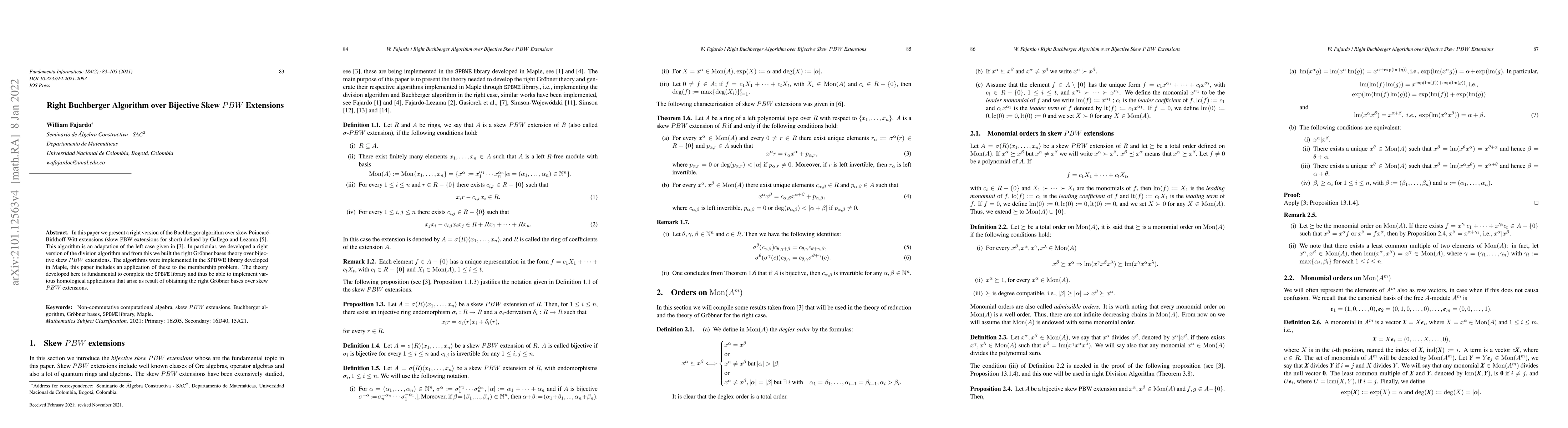 Thumbnail for Right Buchberger algorithm over bijective skew PBW extensions