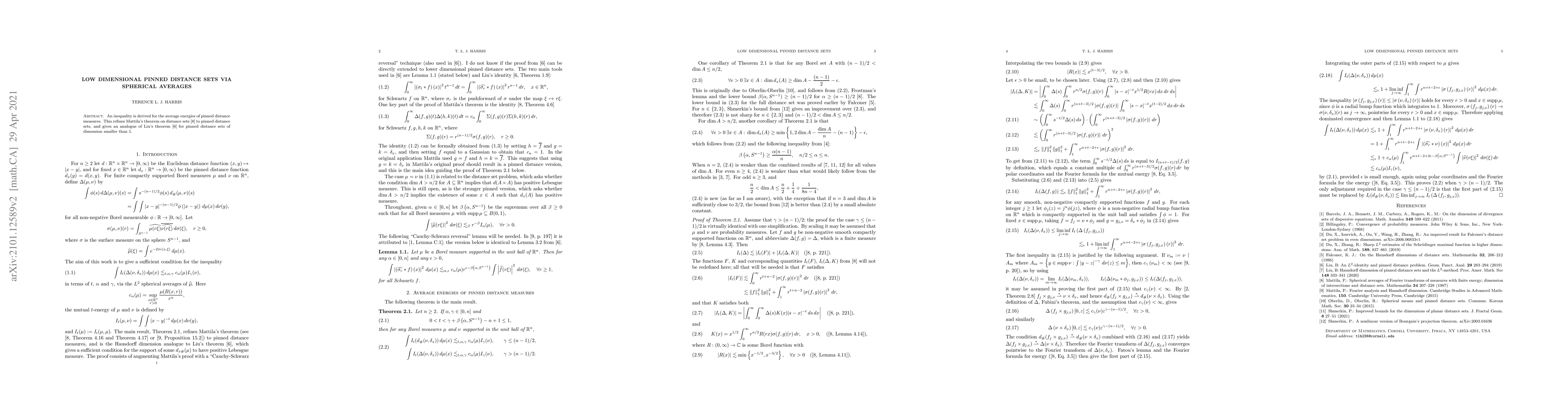 Thumbnail for Low dimensional pinned distance sets via spherical averages