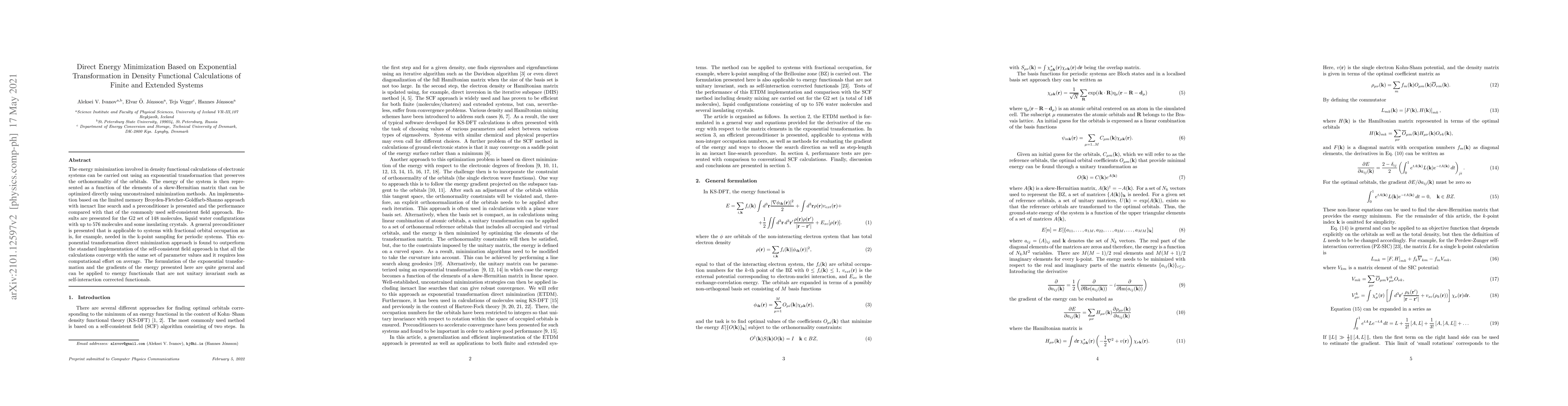 Thumbnail for Direct Energy Minimization Based on Exponential Transformation in
  Density Functional Calculations of Finite and Extended Systems