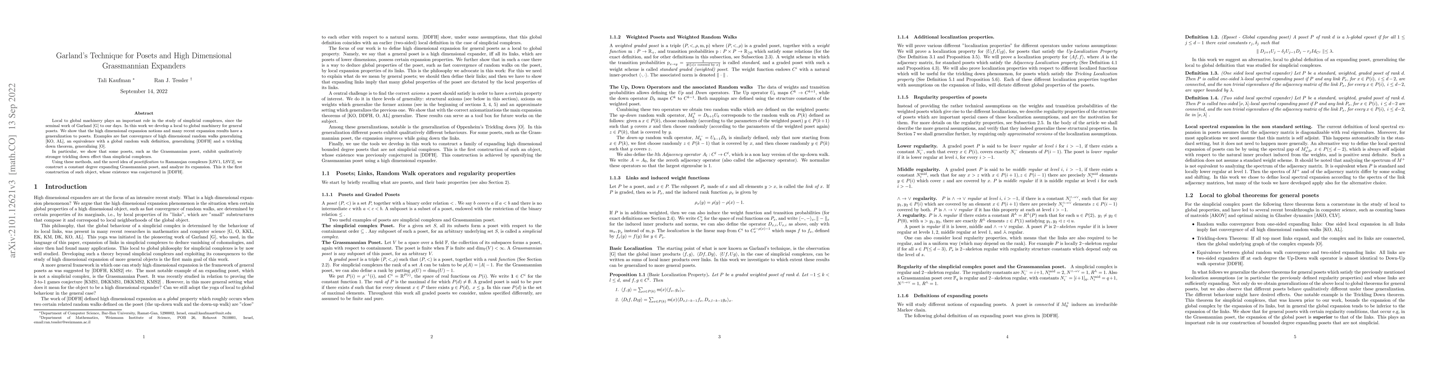 Thumbnail for Garland's Technique for Posets and High Dimensional Grassmannian
  Expanders